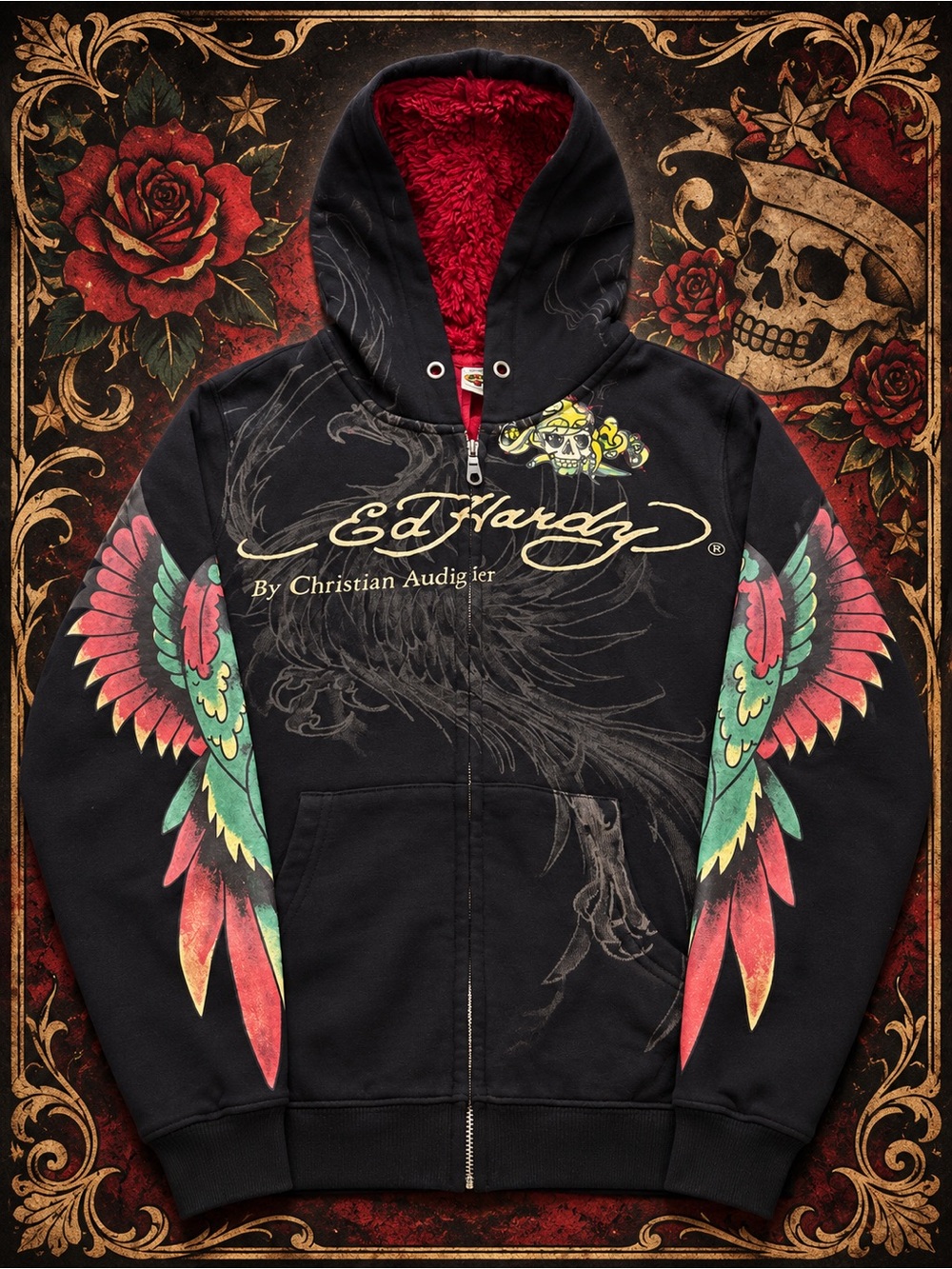 Collectable Ed Hardy Black Hoodie with Plush Red Faux Fur & Satin lining- Size L